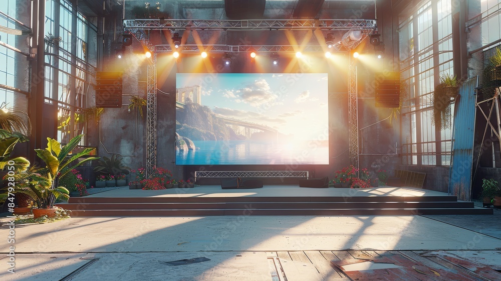 Poster small stage. daytime setting with bright sunlight. concert-grade led screen displaying real-time com