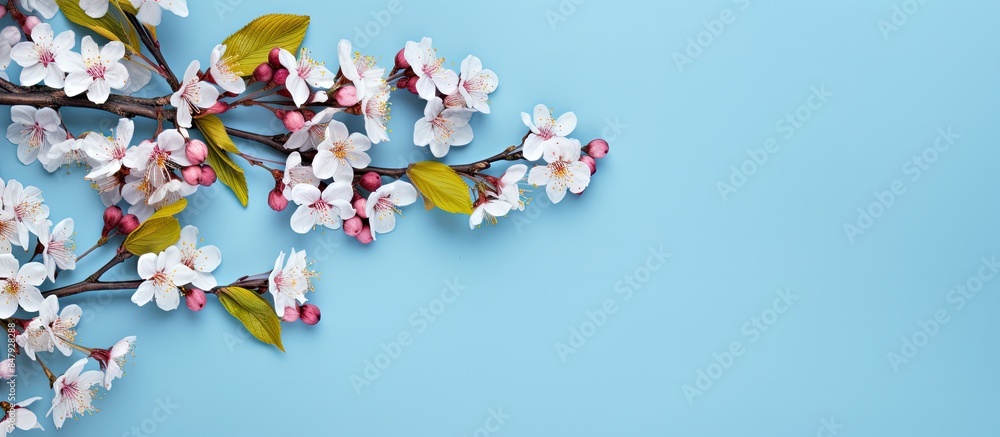 Poster flowering branches and petals on a blue background spring concept. creative banner. copyspace image