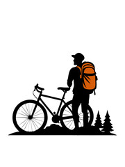 Vector t-shirt design black silhouette hiking bike vintage retro sunshine isolated on white background conceptual art vibrant painting illustration