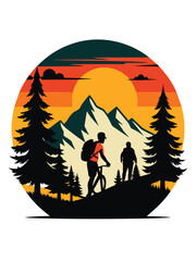 Vector t-shirt design black silhouette hiking bike vintage retro sunshine isolated on white background conceptual art vibrant painting illustration