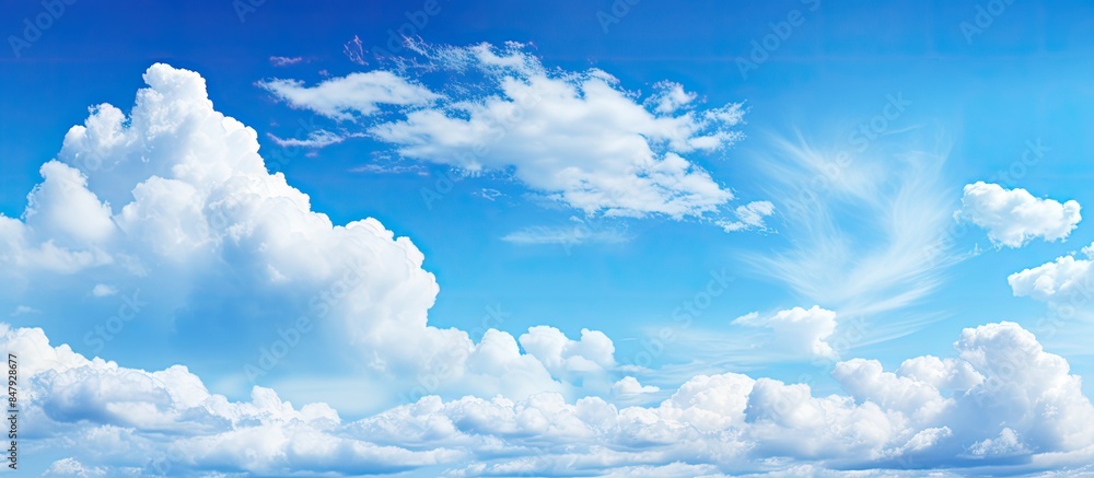 Poster blue sky with clouds view background wallpaper. creative banner. copyspace image