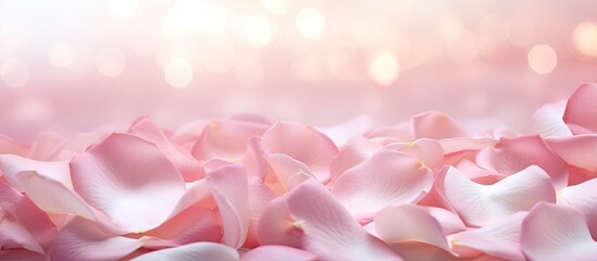Obraz premium Pink rose petals on abstract blur romance background Soft pink roses pastels background valentines wedding. Creative banner. Copyspace image