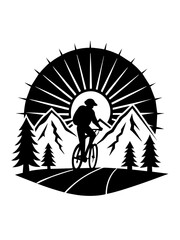 Vector t-shirt design black silhouette hiking bike vintage retro sunshine isolated on white background conceptual art vibrant painting illustration