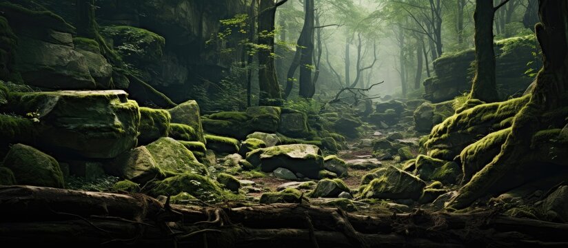 Mossy Rocks And Trees In A Primeval Forest. Creative Banner. Copyspace Image