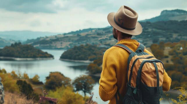 Side view of male tourist in hat and yellow sweater admiring nature