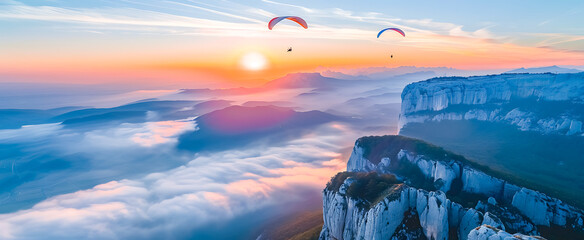 Paragliders Soaring Over Majestic Mountain Landscape at Sunrise with Vibrant Colors and Misty...