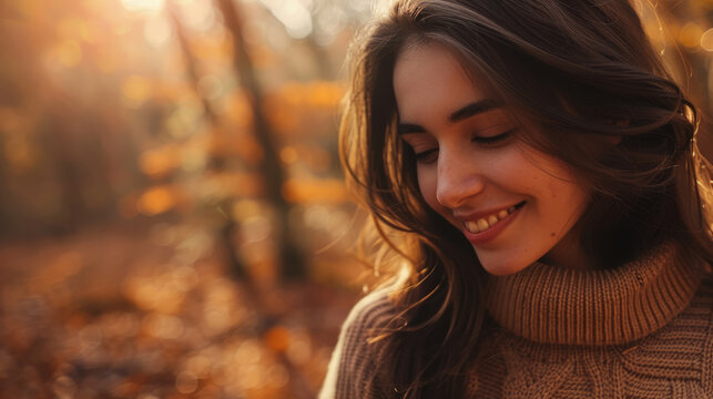 Smiling brunette woman in autumn forest looking down