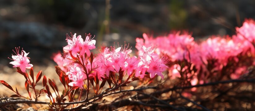 Close up of the pink flowers of burning bush Dictamnus albus growing at the edge of the forest. Creative banner. Copyspace image