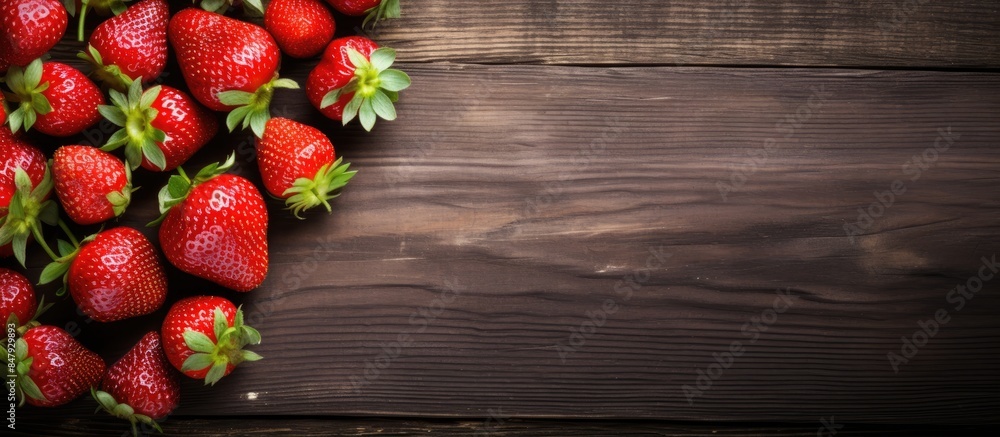 Poster group of fresh red strawberries on rustic background. creative banner. copyspace image