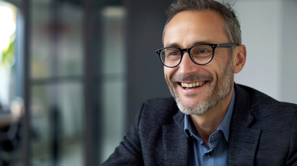 Fototapeta premium Smiling businessman wearing eyeglasses in an office setting