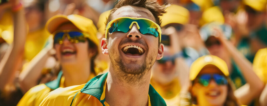Photo of an enthusiastic Australian cricket fan cheering in the stands, celebrating a victory, vibrant atmosphere