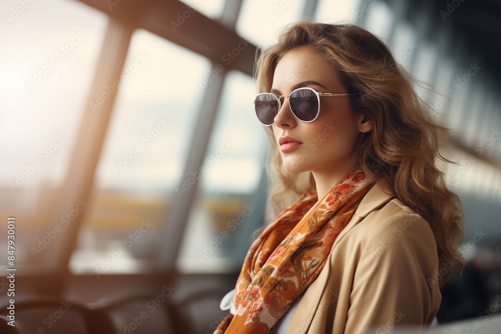 Poster AI generated image of person preparing to vacation and waiting for plane at airport