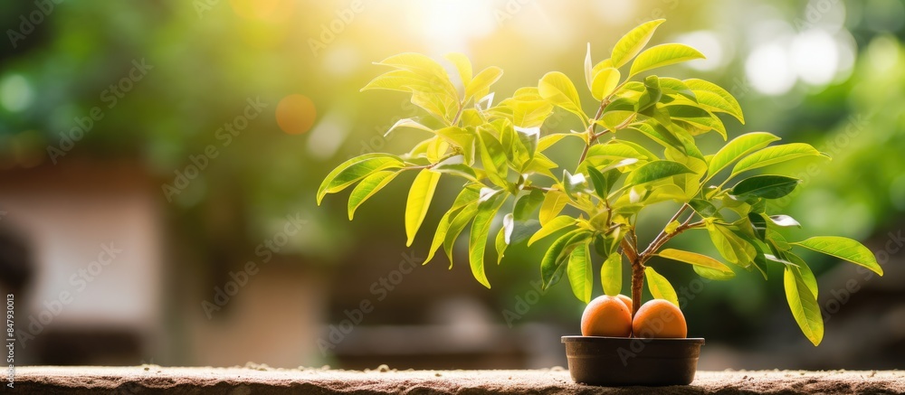 Poster a litle mango tree in the garden. creative banner. copyspace image