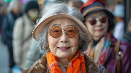  a group of middle-aged Asian beauties traveling. 