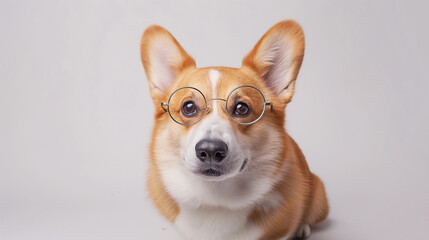 An adorable Corgi dog wearing small round glasses, looking cute and intelligent, isolated on a white background