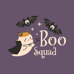 Boo squad Halloween vector quote. Cute ghost illustration. Halloween haunted, boo spooky. Happy Holiday quote, funny design.