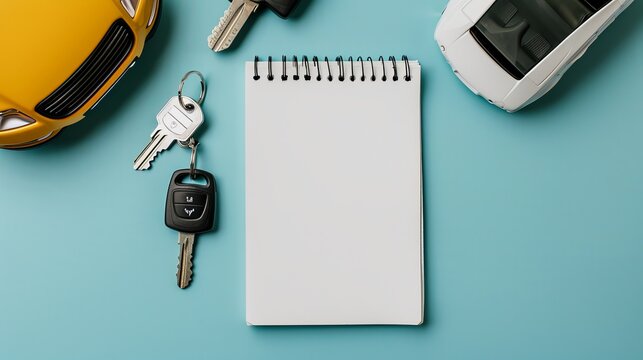 "Stock Photo: Flat Lay of Paper Notebook, Car Keys, and Road Sign on Blue Background. Driving School Concept."
