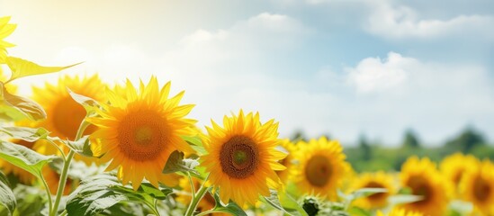 Obraz premium Sunflowers with on a sunny day after rain. Creative banner. Copyspace image