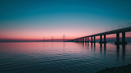 Öresund Bridge over calm sea at sunset in Malmö, Sweden