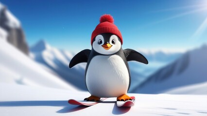 Fototapeta premium Cute penguin in a red cap skiing from the mountain, funny penguin
