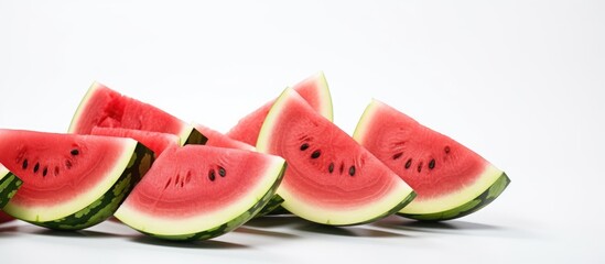 Sliced ripe watermelon isolated on white background. Creative banner. Copyspace image