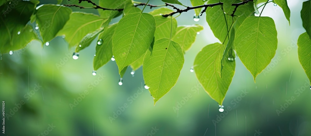 Poster bodhi tree leaves wet after rain. creative banner. copyspace image