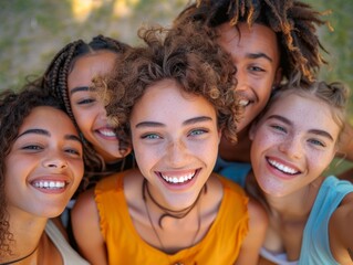 Fototapeta premium Multiracial young people laughing together at camera - Happy group of friends having fun taking selfie pic with smart mobile phone 