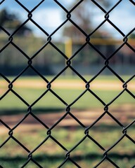 Fototapeta premium Closeup of black chain link fence at baseball field, blurred background 