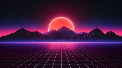 Vibrant Synthwave Retro Sci-Fi Landscape with Futuristic Mountains and Glowing Neon Grid