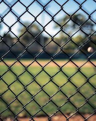 Fototapeta premium Closeup of black chain link fence at baseball field
