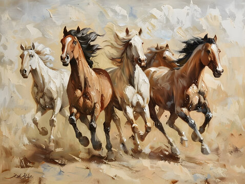 Modern painting with horses Oil color painting. Generative AI.