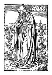 Medieval woodcut illustration of a nun. Vintage grunge vector design element for artworks, poster, cards, web and collages.