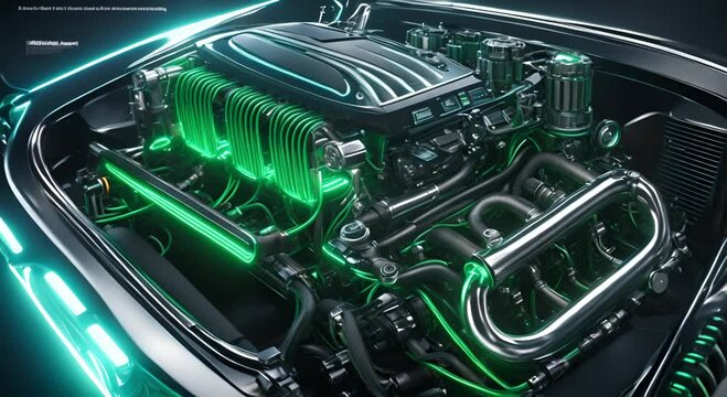 A car engine with chrome engineering and automotive design