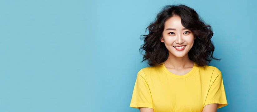 Sassy stylish good looking asian assertive korean girl show peace victory sign on eye touch cheek look empowered and motivated standing cheeky coquettish blue background wear yellow t shirt