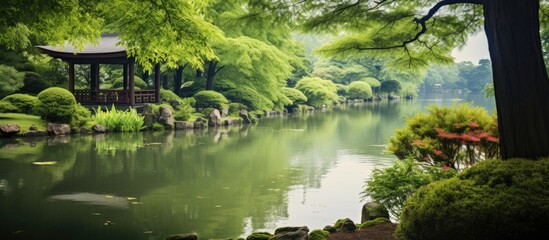 Obraz premium tree forest garden leaf green nature ecology park nature grass lake. Creative banner. Copyspace image
