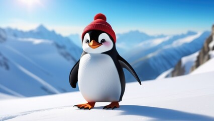 Fototapeta premium Portrait of a funny penguin in a red hat against the background of mountains
