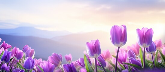 Purple tulips in wild life. Creative banner. Copyspace image © HN Works