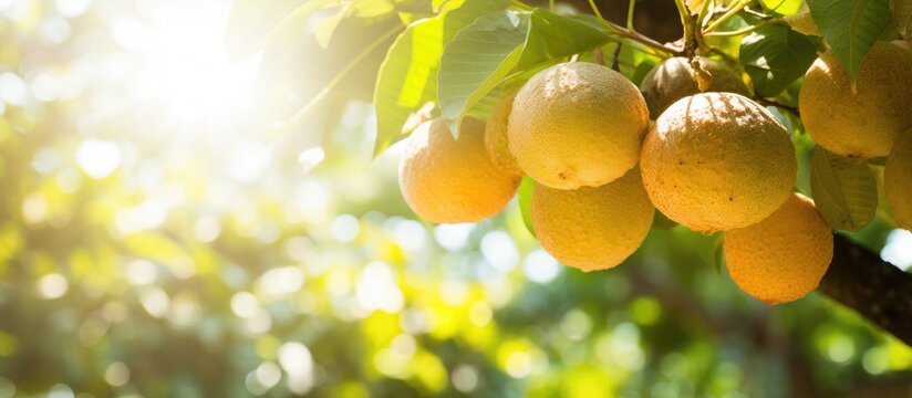 Santol fruit group on the tree in the garden tropical fruit with sun light in the morning. Creative banner. Copyspace image