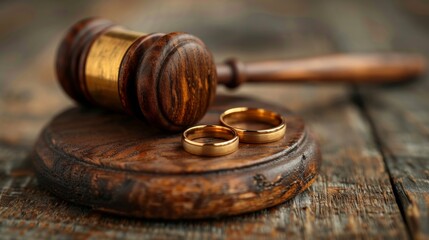 Judge's gavel resting near wedding rings on wooden surface