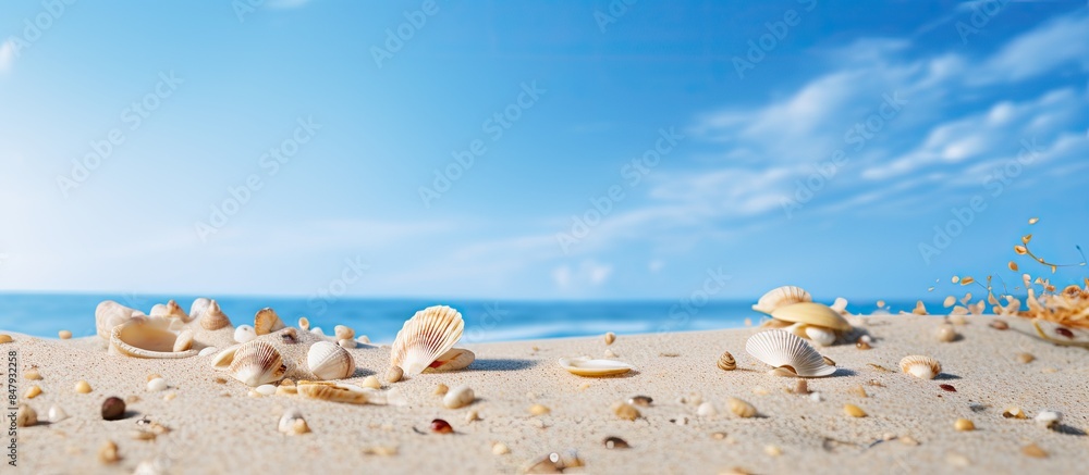 Poster shells on the beach in sand. creative banner. copyspace image