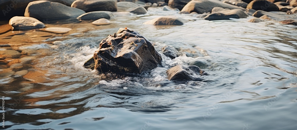 Poster stone in a river with current water. creative banner. copyspace image