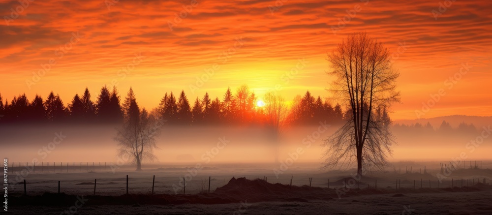 Poster the sun splashed orange morning sky is very beautiful fog covered dense visible trees shiny black am