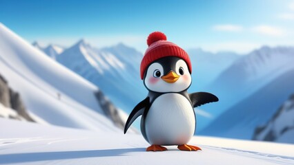 Fototapeta premium Portrait of a funny penguin in a red hat against the background of mountains