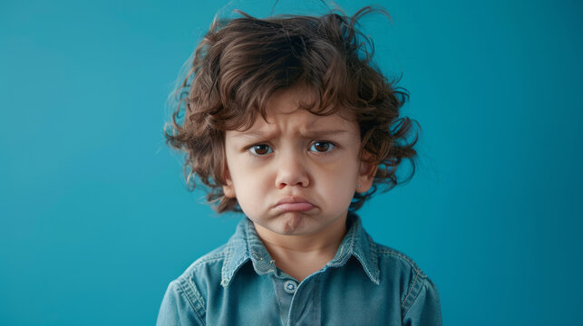 Portrait of a little boy making a grumpy face against blue background