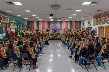 School Band Students Practicing Tuba and Saxophone In a Room With Decorated Walls