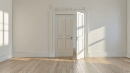 Elegant white interior room with open door and wooden floor