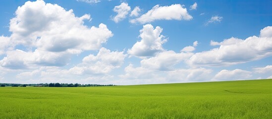Clean green field and sky with large clouds. Creative banner. Copyspace image