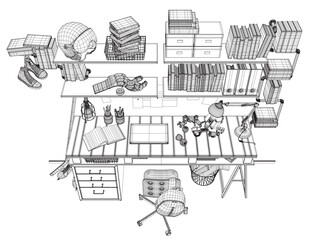 Vector illustration of a teenager's room interior made of black lines isolated on a white background. A table with many books, educational supplies and sports equipment. 3D. Wireframe illustration.