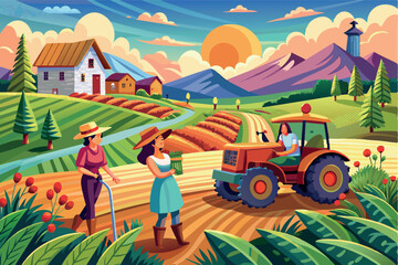 Fototapeta premium A rural landscape during sunset. In the foreground are fields with rows of cultivated plants, and a tractor is driven by a man in a hat. farmers carrying a basket of crops