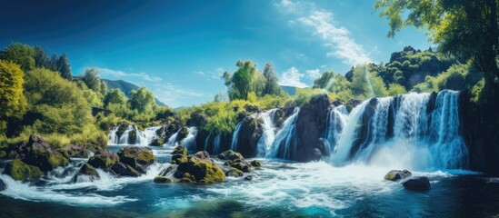 Waterfall surrounded by many trees and a blue sky. Creative banner. Copyspace image